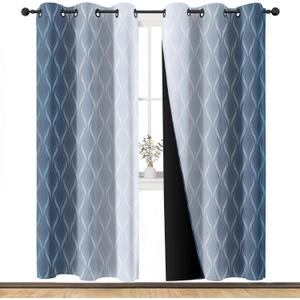 Blue Grey White Ombre Blackout Curtains for Living Room, Geometric Vintage Gradient Solid Thermal Insulated Grommet Drapes, Room Darkening Window Curtain Panels(Set of 2, 52 x 84 Inch)