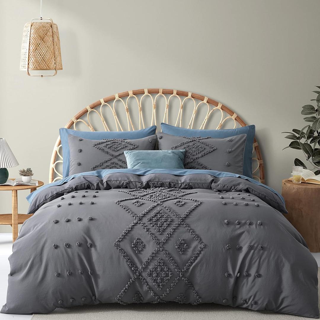 Oli Anderson Tufted Duvet Cover King Size, Soft and Lightweight Duvet Covers Set for All Seasons, 3 Pieces Boho Embroidery Shabby Chic Bedding Set (Grey, King, 104" x 90")
