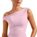 SUUKSESS Women Off Shoulder Tops Sleeveless Shirts Y2K Going Out Crop Tank Top (Large, Pink)