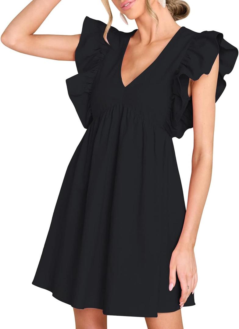 FANCYINN Women's Summer Casual Babydoll Mini Dress Ruffle Sleeveless Deep V Neck High Waist Swing Tunic Dress with Pockets (Large, Black)