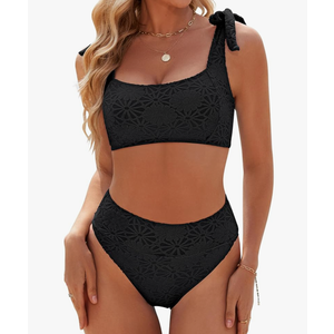 Blooming Jelly Womens High Waisted Bikini Set Tie Strap Jacquard Terry Cloth 2 Piece Swimsuit Modest Cute Retro Bathing Suit, Size: M