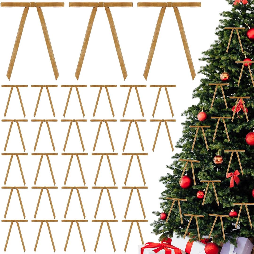 3 x 30 Pcs Christmas Velvet Wreath Bow, 5 x 7 Inch Vintage Velvet Ribbon Bows Rustic Crafts Gift Bows for Indoor Outdoor Wreaths Garland Holiday Xmas Tree Wrapping Crafts (Khaki, Width of 3/8")