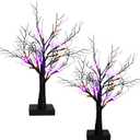 Dazzle Bright 2 Pack 20 Inch Orange & Purple Lighted Halloween Birches Tree Decor, 24 LED Battery Operated Halloween Decorations Artificial Black Spooky Tree with Timer for Indoor Home Party