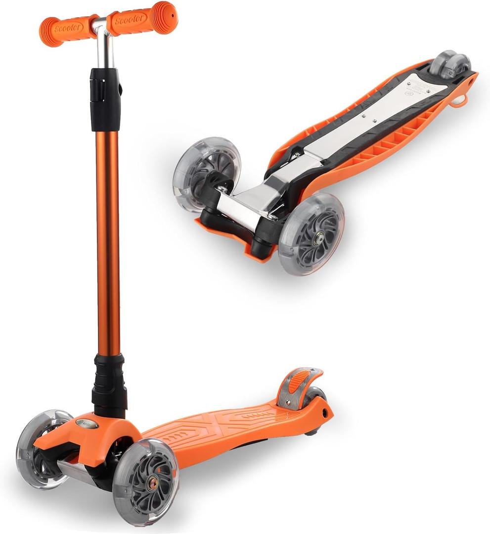 3 Wheel Scooter for Kids Ages 6-12,Kids Scooter with Light Up Wheels, Sturdy Deck Design, and 4 Height Adjustable Suitable for Kid Ages 3-12 (Orange)