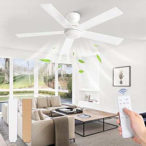 48 Inch Flush Mount Ceiling Fan without lights, White Ceiling Fan with Remote, 6-Speeds, Quiet Reversible DC Motor, Indoor/Outdoor Ceiling Fans for Living Room, Bedroom, Patio, Remote Not Included