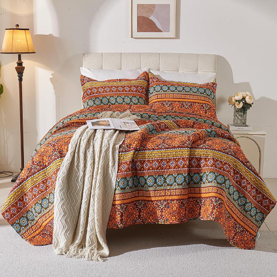 Cmfshape Orange Quilt Sets Bedspread Set 100% Cotton Boho Bedding Set, All Season Use Lightweight Reversible Coverlet Quilts with 2 Pillow Shams(Queen 92"x96")