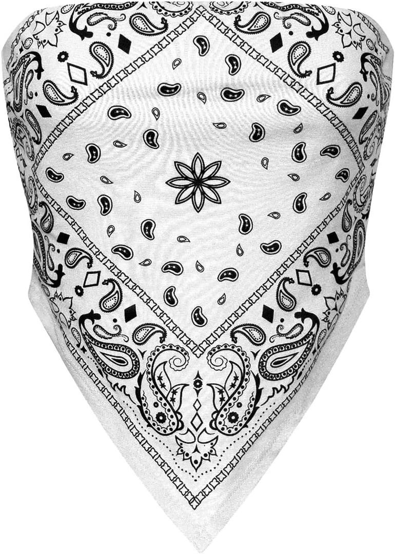 Design by Olivia Women's Sexy Paisley Print/Solid Bandana Tube Crop Top Shirt- Made in USA (White)