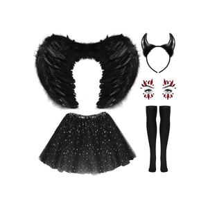 Hillban Halloween Angel Costume With Feather Wings, Tutu Skirt, Headband, Devil Horns, Socks, and Gems Stickers for Women