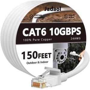 Cat 6 Outdoor Ethernet Cable 150 ft (45.72m), Support Cat8/7 Network, 10Gbps 550MHz, 24AWG Pure Copper, Direct Burial Waterproof In-Ground UV Resistant LAN Patch Cable for Router, Modem, Switch, White