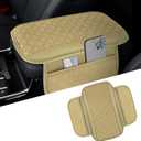 Car Center Console Cover, 12"×7.87" Leather Arm Rest Cover for Car, Comfortable Armrest Seat Box Cushion with Pocket, Armrest Cover Protector Universal Car Interior Accessories (Beige)