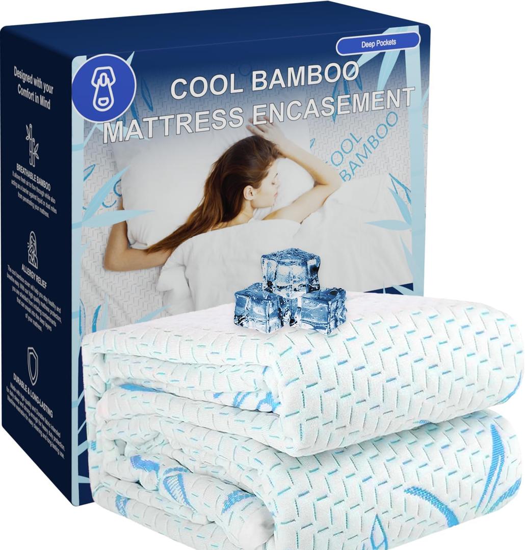 Cooling Bamboo Rayon Mattress Protector with Zipper - 100% Waterproof Size Mattress Cover - Soft & Breathable Jacquard Noiseless Mattress Pad Covers - Zippered Mattress Encasement (Full)