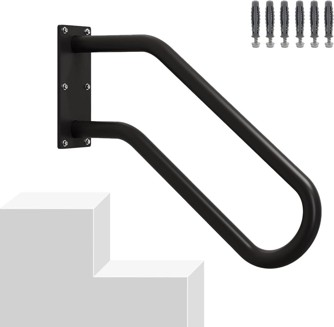 Hand Rails for Outdoor 1-2 Steps, Indoor Stairs, Bathroom, Wall Mount Non-Slip U-Shape Stair Hand Railing Black 1 Pack