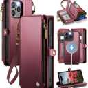 Defencase for iPhone 15 Pro Max Magnetic Wallet Case Compatible with Magsafe with RFID Blocking Zipper Strap Card Holder for Women, PU Leather Detachable Case for iPhone 15 Pro Max (6.7"), Wine Red