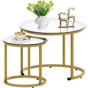aboxoo Gold Nesting Coffee Table Set of 2, Small Glass Round Nesting Tables for Living Room Bedroom, Accent Tea Table with Metal Frame Modern Industrial Simple