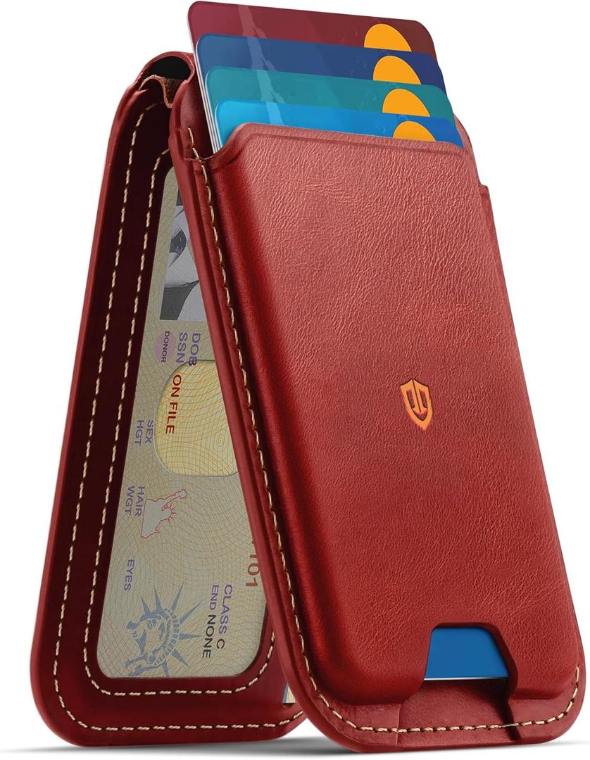 SHIELDON Genuine Leather Strong Magnetic Card Holder for MagSafe, Phone Wallet Stand, Angle Adjustment RFID Blocking 6 Cards Magnet Wallet Compatible with iPhone 17/16/15/14/13/12 Series - Red