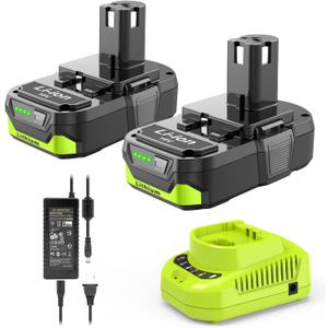 2Packs 3.0Ah Battery Replacement for Ryobi 18V Battery and Charger, Compatible with Ryobi 18V Cordless Power Tools 