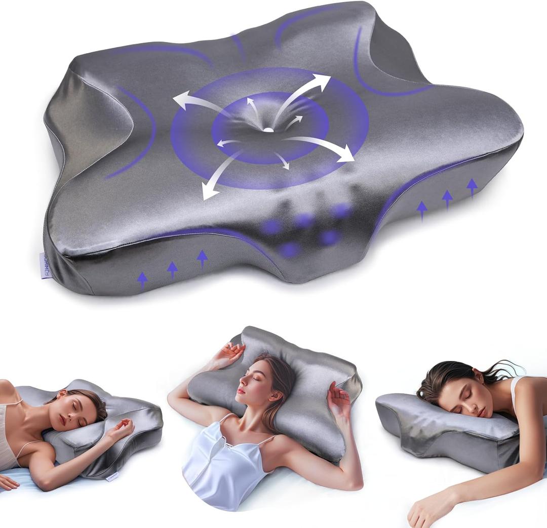 Pain Relief Cooling Pillow for Neck Support Adjustable Cervical Pillow Side Sleeping Memory Foam with Super Soft and Cooling Satin Pillowcase Grey