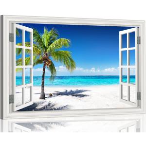 Ocean Wall Art Beach Picture for Living Room White Window Frame Style Palm Tree Art Print on Canvas Large Blue Sea View Painting Artwork for Bedroom Home Office Decoration, Ready to Hang(32"48")