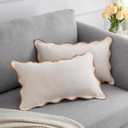 Scalloped Throw Pillow Covers 12x20 Inch Set of 2, Cotton & Linen, Boho Sytle Decorative Couch Bed for Living Room (Beige Pillow & Brown Edge)
