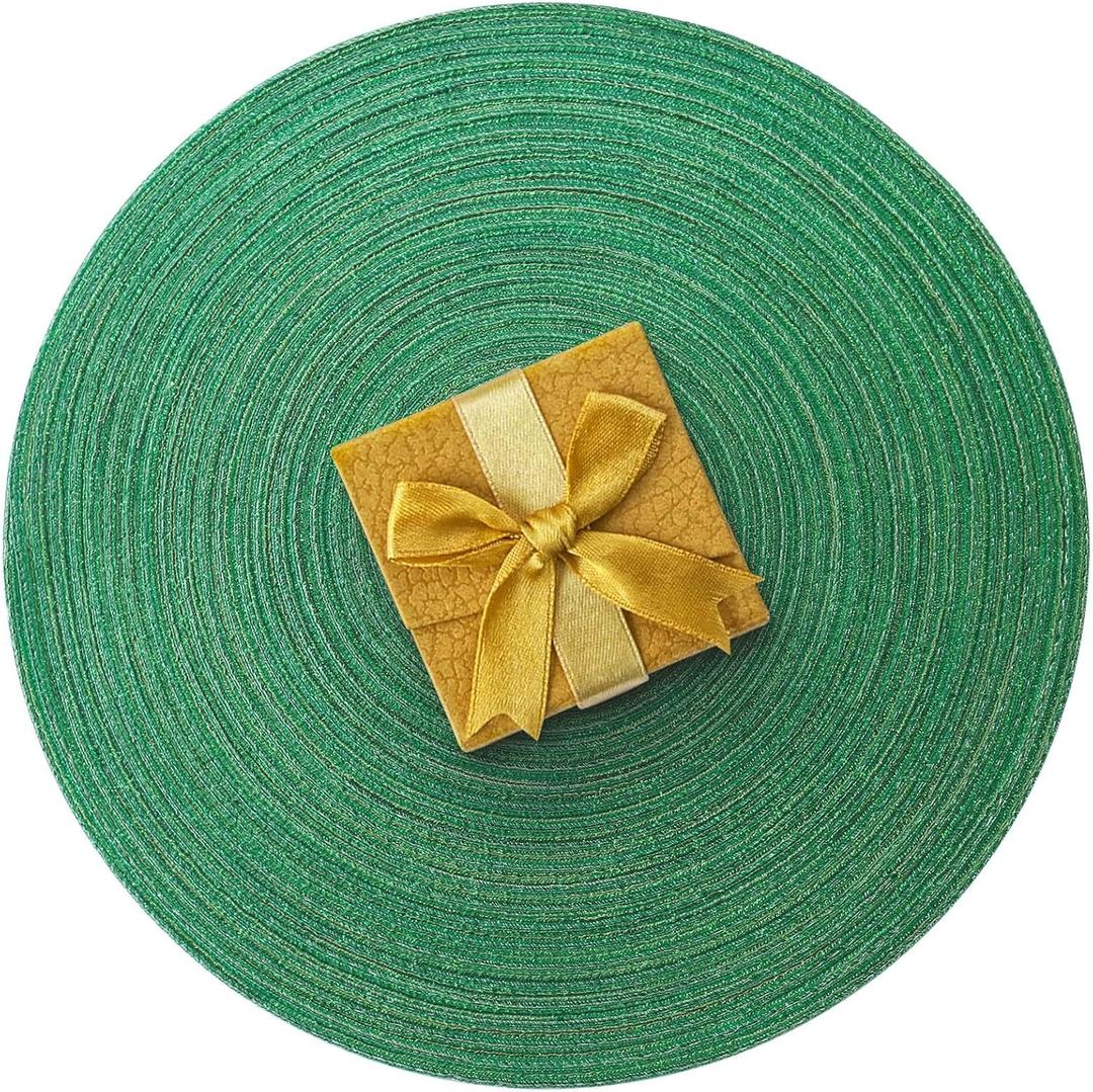 AHHFSMEI Round Braided Placemats Set of 6 Round Table Mats for Dining Tables Natural Woven Heat Resistant Place mats 15 Inch (Christmas Green, 6)