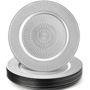 DEAYOU 12 Pack Silver Charger Plate, 13-inch Beaded Chargers for Dinner Plates, Plastic Reusable Round Charger Platters for Wedding, Party, Event, Table Setting, Decoration, Holiday