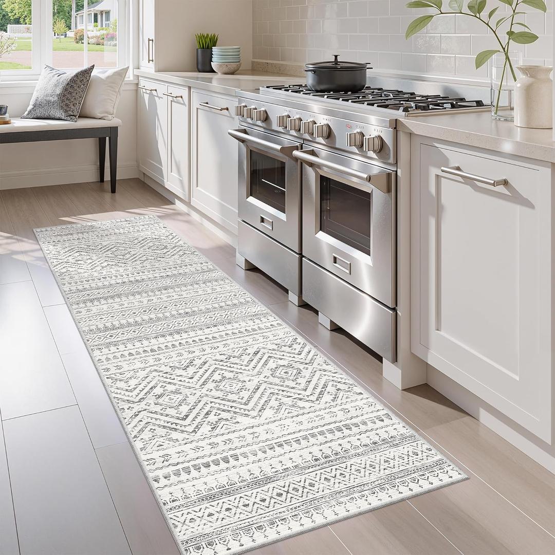 Miukiki 2x6 Hallway Runner Rug Moroccan Washable Kitchen Rug Non Slip Indoor Floor Kitchen Runner Rug Foldable Carpet for Bathroom Laundry Room with Low Pile(Grey,2'x6')