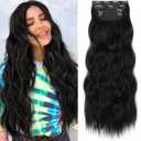 KooKaStyle Clip in Hair Extensions 4PCS Long Wavy Synthetic Dark Black Brown Fiber Double Weft Natural Thick Hairpieces 24Inch for Women
