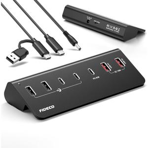 FIDECO 7-Port 72W Powered USB Hub, USB C Hub with 1 PD 45W, 2 QC 3.0 Charging Ports, and 4 USB 3.2 Ports (2 USB-A + 2 USB-C), Aluminum 10Gbps USB Hub for Laptop, PC, MacBook, iPhone 17/16/15, Black