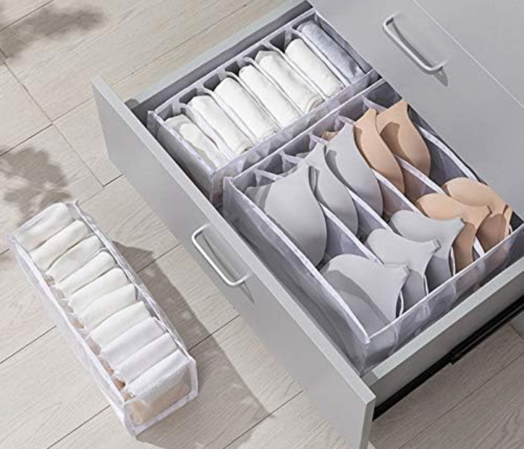 TOPARCHERY Foldable Bra & Underwear Organizer - 2 Set Drawer Divider Storage for Bras, Socks, Ties - White