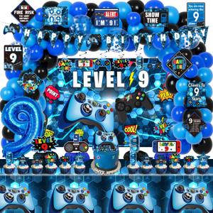 9th Birthday Decorations for Boys, 148Pcs Blue Video Game level 9 Party Supplies for Boy 9th Birthday - Backdrop, Banner, Balloons, Tablecloth, Centerpieces, Hanging Swirls, Wall Signs