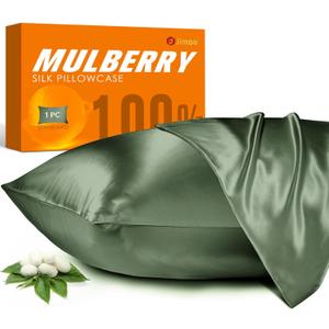 100% Mulberry Silk Pillowcase for Hair and Skin, 22 Momme Pure Natural Silk Pillow Case Both Sided with Zipper, Pillow Cover for Women Mom Men (Matcha, Standard 20''26'', 1 Pack)