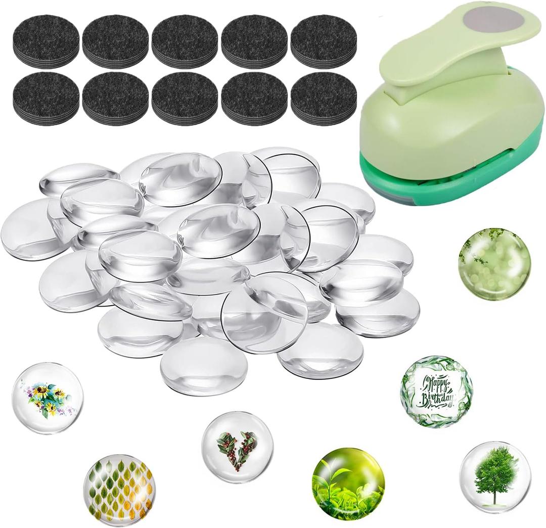 97pcs DIY Fridge Magnets Craft Set Include 1-Inch Paper Punch,Craft Magnets Glass Ceramic Ferrite Magnet with Adhesive Backing and Clear Glass Cabochons for Refrigerator (48 Sets,1 Inch, Round) (97)