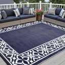 PureCozy Outdoor Plastic Straw Rug Navy Blue Large Outside Waterproof Outdoor Patio 9x12 Carpet Geometric Reversible Mat Modern for Camping RV Porch Deck Balcony Beach