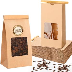 Ctosree 100 Pcs 1/2 lb Kraft Coffee Bags, Resealable Bakery Bags with Window Tin Tie Tab Lock Kraft Brown Paper Bag for Coffee Bean, Cookies, Treat, Snack, Treats