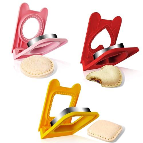 3PCS Sandwich Cutter and Sealer,Sandwich Cutters for Kids Lunch,Crustless Sandwich Cutter,Cookie Cutter for Children Lunchbox and Bento Box (Pink Round+Red Heart+Yellow Square)