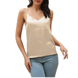 Camisoles For Women Summer Tops Trendy Spaghetti Strap V Neck Satin Sleeveless Soft Casual Womens Basic Cami Tops Beige M