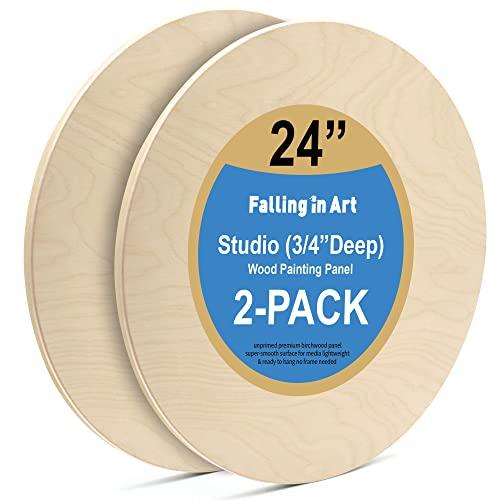 Falling in Art Unfinished Round Birch Wood Panels Kit for Painting, Wooden Canvas 2 Pack of 24 Studio 3/4" Deep, Cradle Boards for Pouring, Art, Crafts, Burning and More