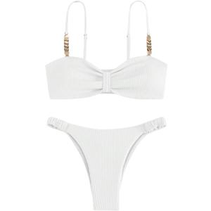 MakeMeChic Women's Bikini Sets Ruched Rib Knitted Spaghetti Strap Cheeky Swimsuit Bathing Suit (White, XL)