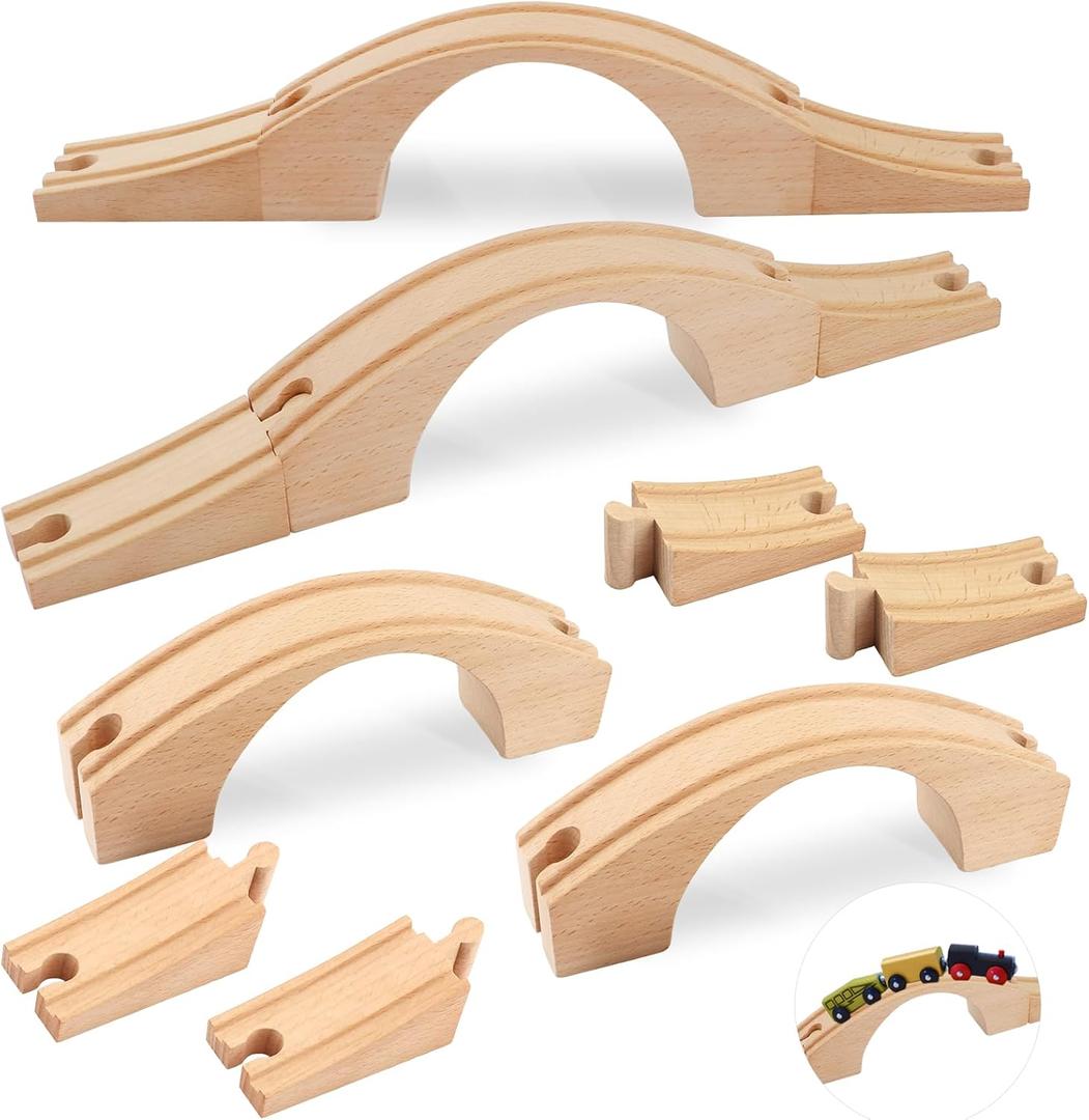 2 Pack Wood Train Track Extension Wooden Train Bridge Track Wooden Railway Bridge Accessories Wood Railroads Connectors Compatible with Most Toy Railroads for Birthdays Holiday