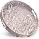 13.8 inch Round Rattan Tray, Decorative Coffee Table Tray, Ottoman Tray, Woven Serving Tray with Handles, Wicker Serving Basket, Whitewash