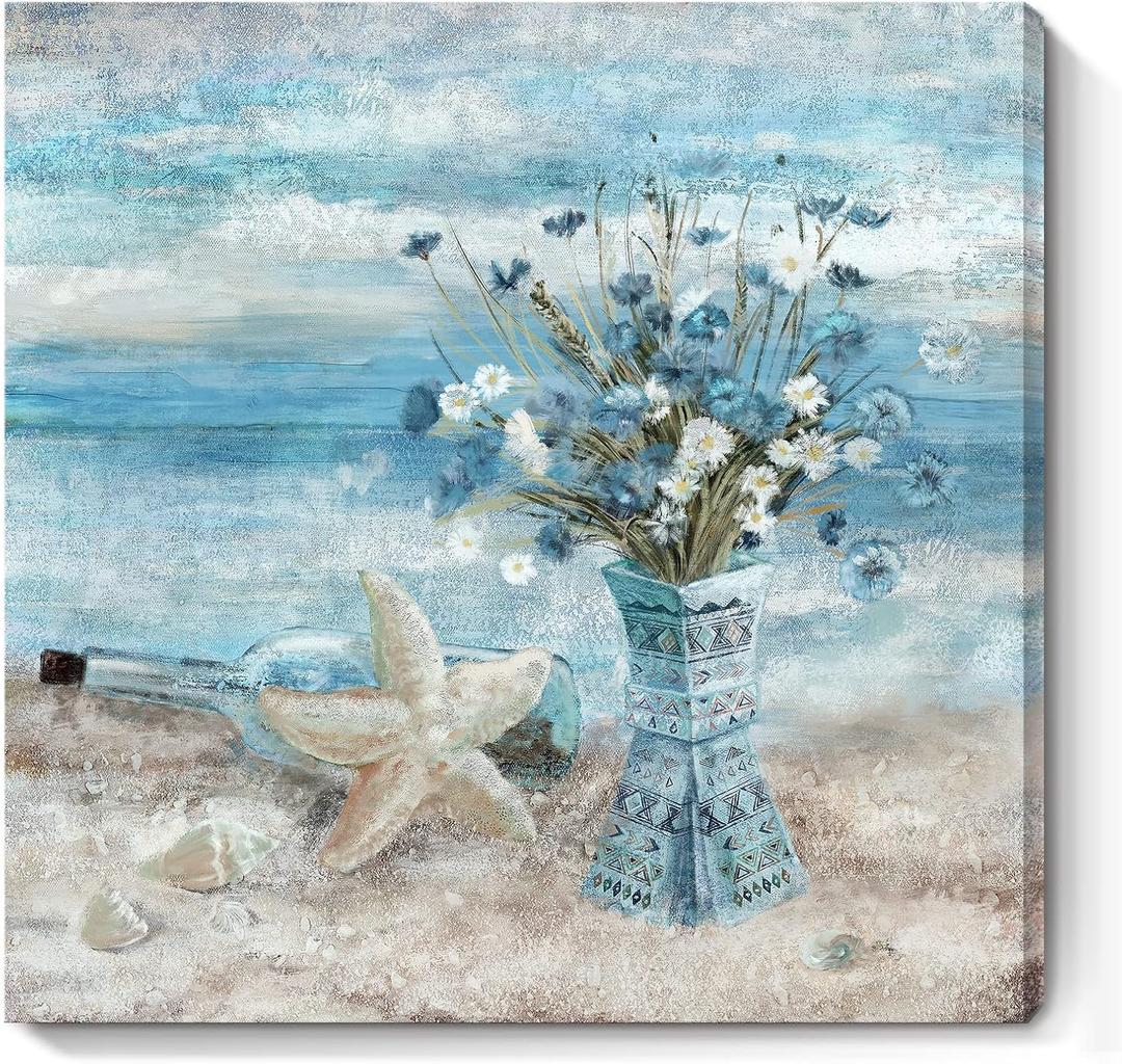 Large Canvas Wall Art for Living Room Blue Beach Wall Decor Ocean Theme Print Seaside Framed Artwork for Bedroom Bathroom Abstract Seascape Painting Coastal Flower Picture Home Office Decor 30x30inch