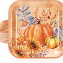 Homlouue Fall Pumpkin & Sunflower Plates - 50PCS 9 Inch Square Heavy Duty Disposable Thanksgiving Paper Plates for Fall Theme Dinner Party Decoration