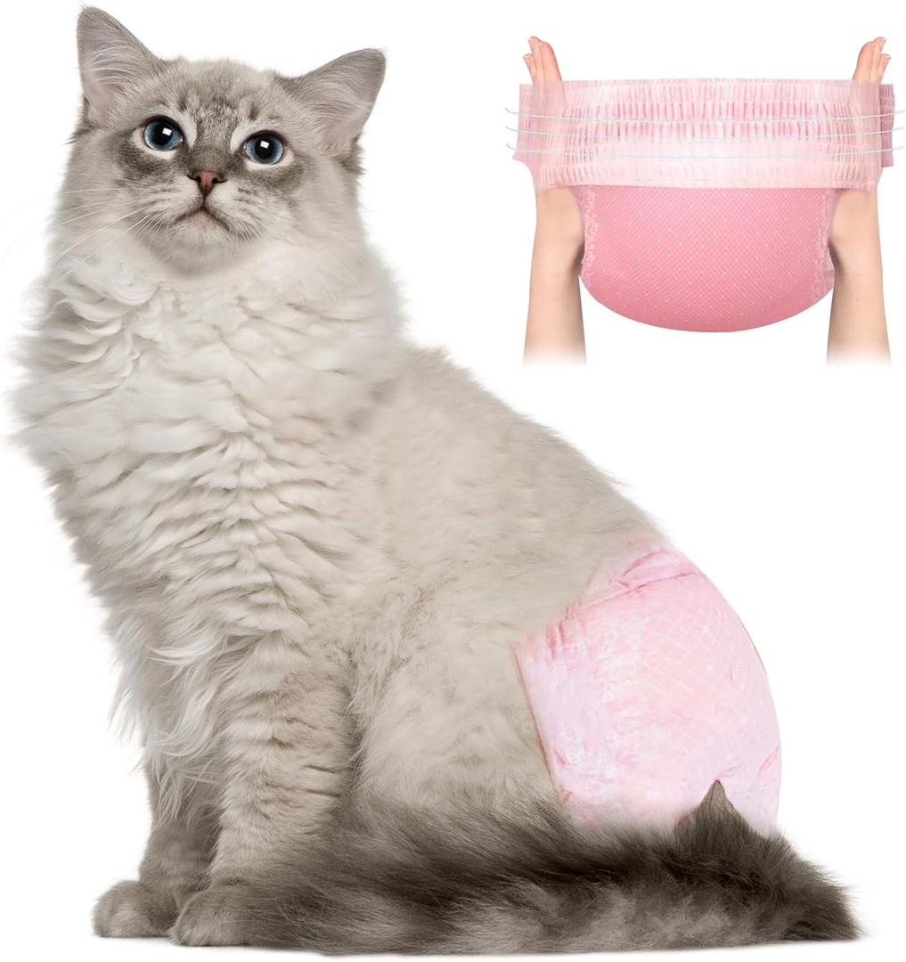 Ambreview Cat Diapers, Stretchy Waist Cats Wraps Disposable Female Cat Diapers for Male & Female Cats Heat Period Pink Diapers Super Absorbent Leak-Proof Diaper for Cats Dogs (10, L)