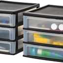 IRIS USA Plastic Stacking Desk Top 3-Drawer Storage Organizer, 2-Pack, for Makeup Vanity Nail Polish Bathroom Stationery Art Craft Supplies Kitchen Office Garage and Small Organization, Medium, Black