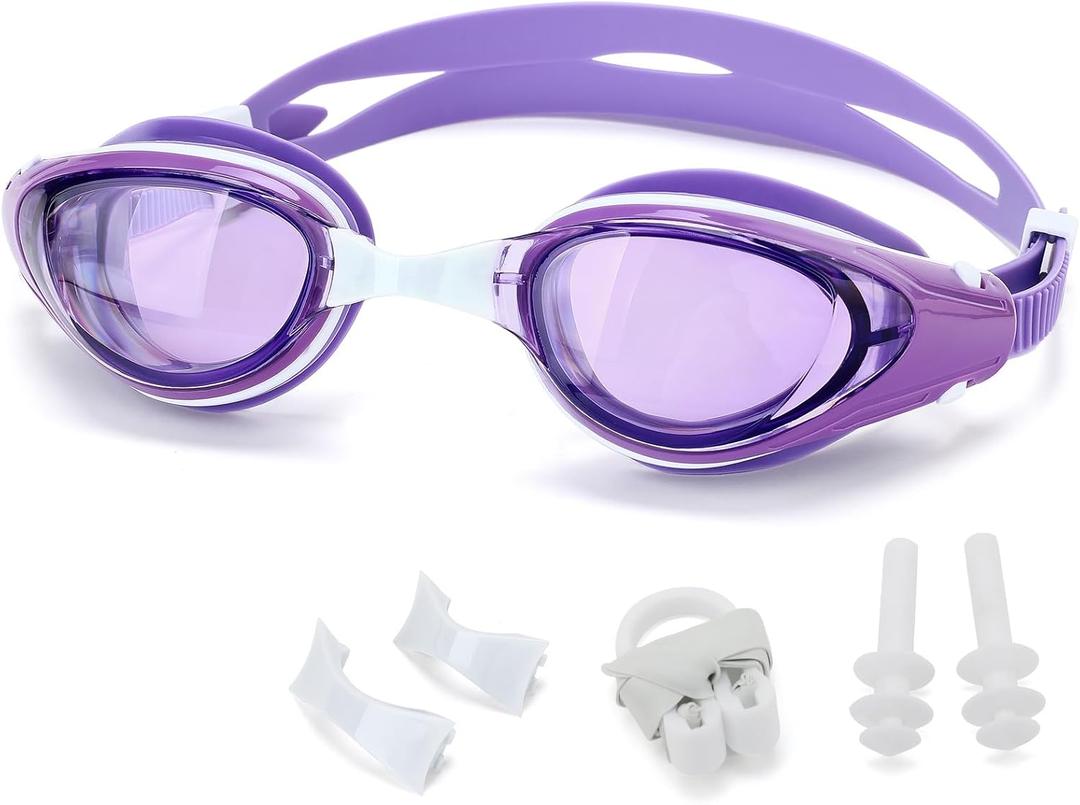 WAVE Nearsighted Swim Goggles, Shortsighted Swimming Goggles for Adults Youth, Anti Fog UV Protection Comfort Silicone Frame, Purple, -10 