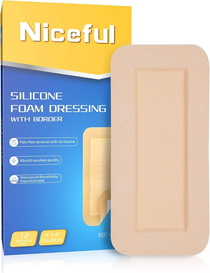 Silicone Foam Dressing 4"x8"(10 Count) | Large Bandages for Wound Care/Bed Sores/Post-Surgery