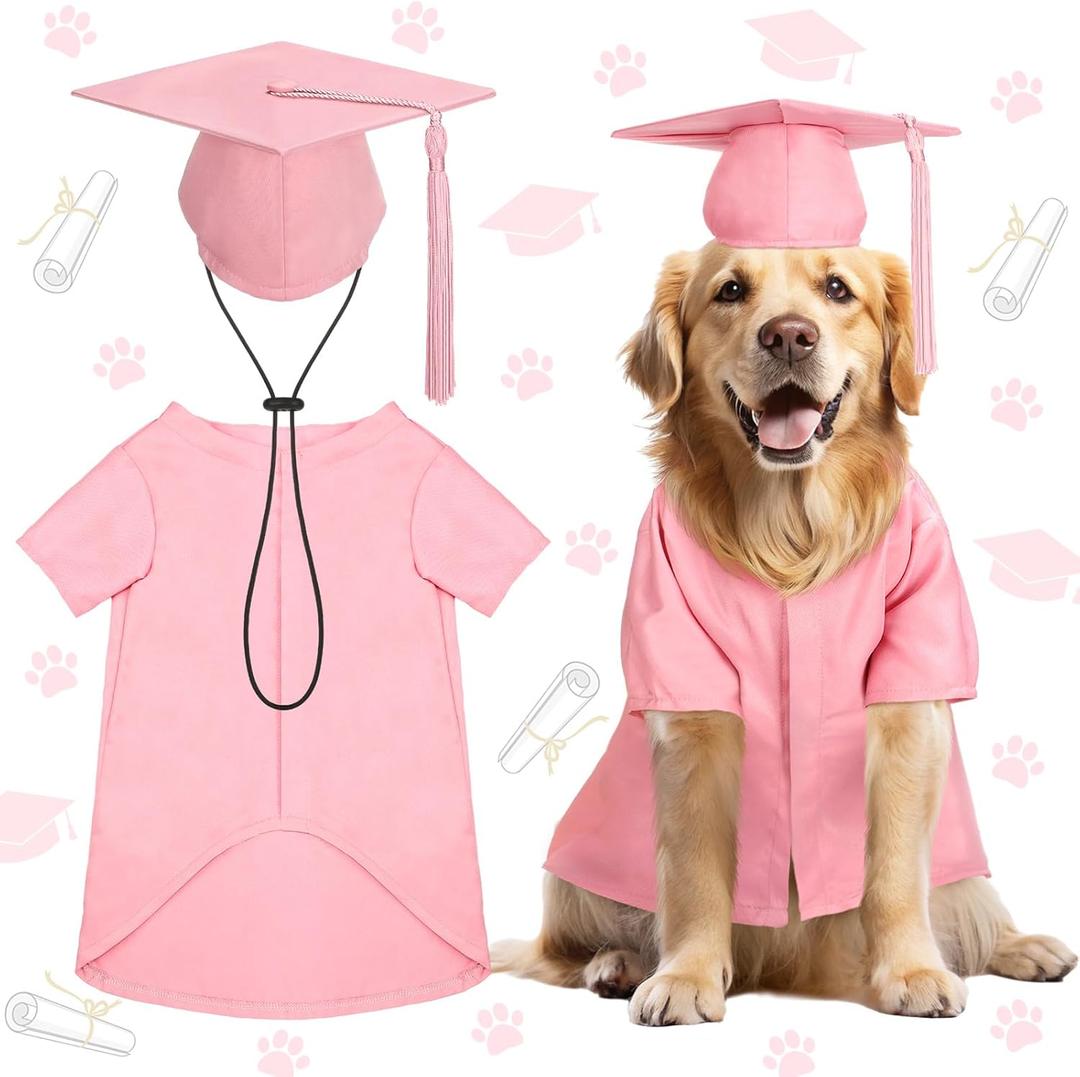 Xuniea 2 Pcs Dog Graduation Costume Set 2025 Dog Graduation Cap and Gown Puppy Hat with Tassel Matte Pet Grad Outfit Cats Grad Bear Holiday Party Costume Accessory(Pink,Large)
