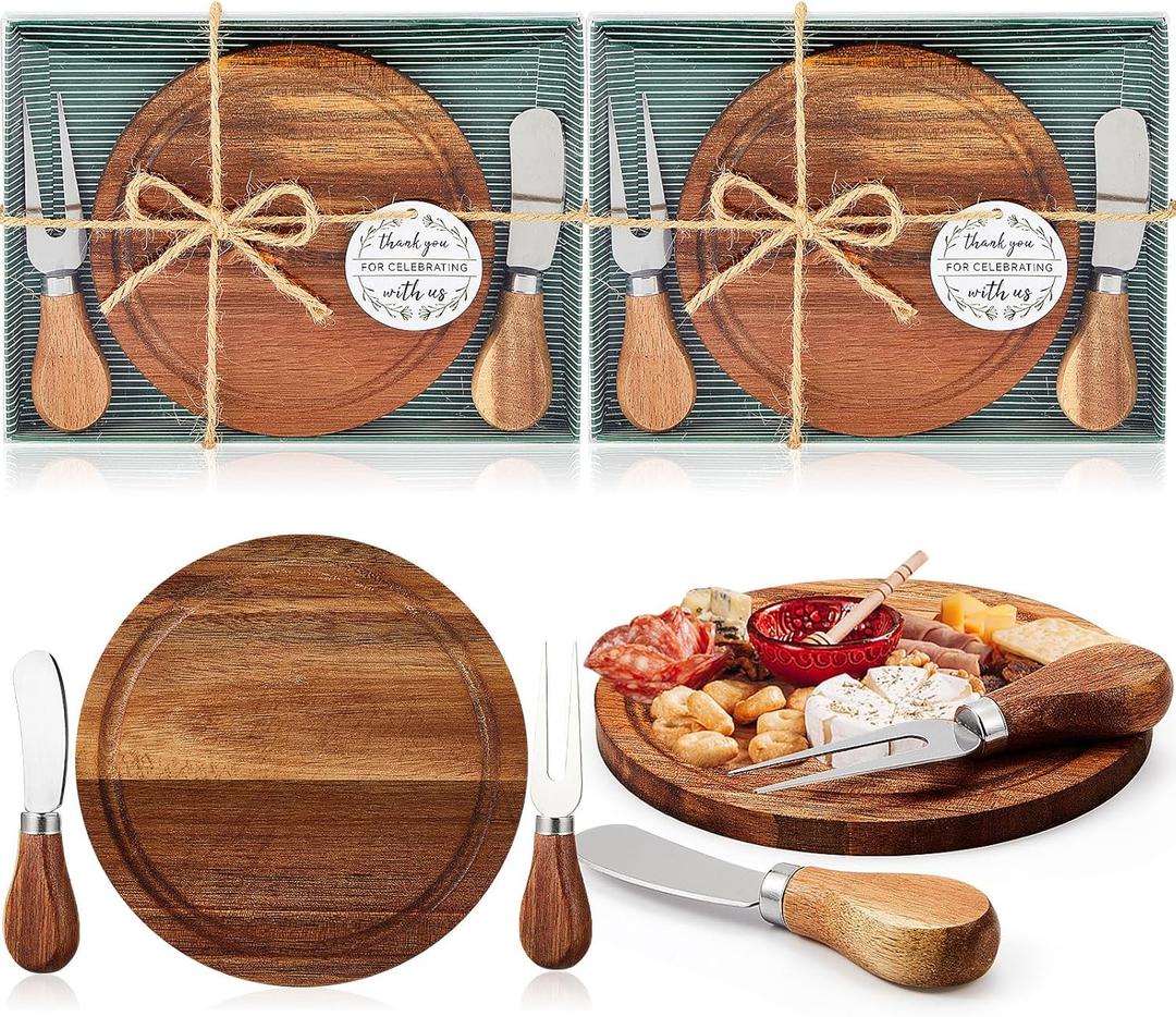 Maxcheck 2 Sets Baby Shower Bridal Game Prizes for Winners Round Cheese Board Set Wood Mini Charcuterie Board with Knives and Forks Thank You Card with Gift Box for Guests Wedding (Acacia)