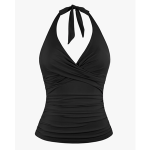 Firpearl Underwire Tankini Tops for Women Ruched Tummy Control Bathing Suit Tops Halter V Neck Swimsuit Top Only US 12