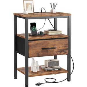 DUMOS Bedside Table with Charging Station and Adjustable Fabric Drawer Compact Nightstand 3-Tier Storage Organizer End Table for Bedroom,Brown
